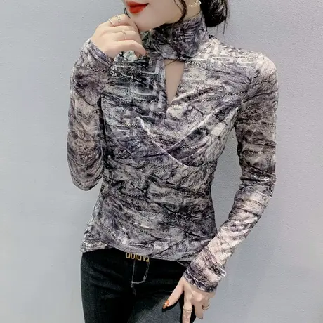 高领打底衫女春秋性感镂空网纱长袖T恤洋气设计感交叉修身上衣ins商品大图