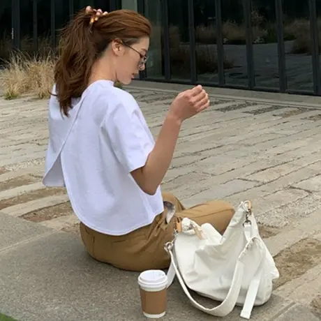 短袖纯棉T恤女韩版短款后背开叉露腰宽松大码套头体恤衫打底上衣商品大图