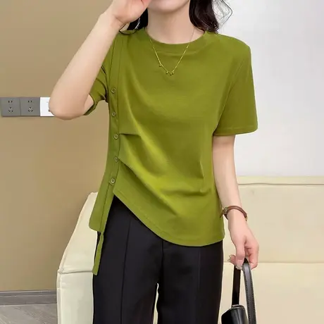 别致不规则褶皱正肩小衫女2023年夏季新款修身显瘦小心机短袖T恤商品大图