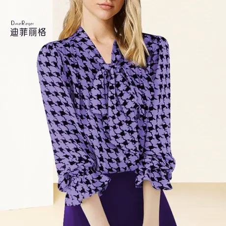 迪菲丽格千鸟格印花紫色衬衫女装2023新款夏季别致设计感小众上衣图片