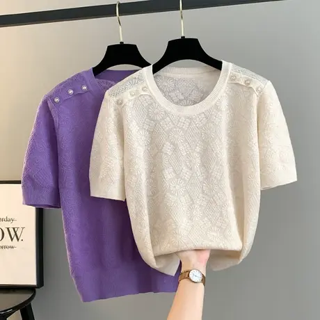 夏季短袖t恤女装2025新款时尚宽松薄款休闲小香风冰丝针织衫半袖图片