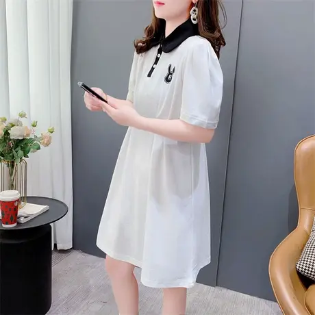 学院风Polo领短袖t恤连衣裙女2023年新款夏季宽松中长款收腰上衣商品大图