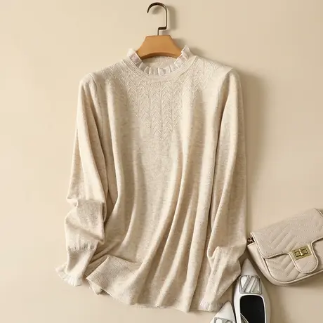 春装2024年新款蕾丝拼接半高领女士内搭针织宽松洋气打底衫毛衣女商品大图