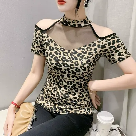 性感露肩短袖T恤女欧货气质豹纹小衫时尚网纱拼接上衣修身体恤夏商品大图