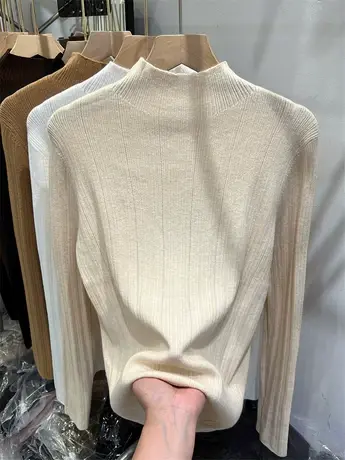 欧货小衫女春2023爆款半高领修身长袖针织上衣纯色内搭毛衣打底衫商品大图