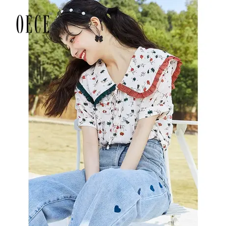 Oece复古花边雪纺衫夏装新款女减龄法式娃娃领衬衫设计感上衣图片