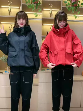 休闲工装外套女短款韩版宽松上衣连帽小个子风衣百搭纯色长袖夹克商品大图