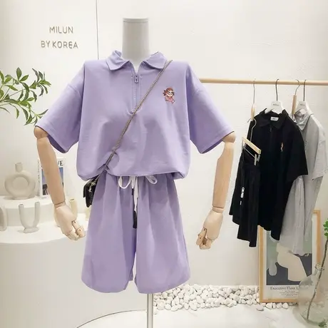 韩系甜美学院风polo领短袖T恤高腰阔腿短裤两件套装运动休闲大码商品大图