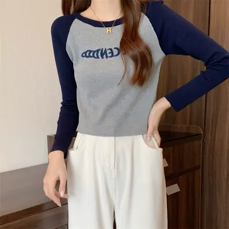 短款正肩t恤长袖女2024新款秋季新款字母刺绣修身内搭打底衫上衣商品大图