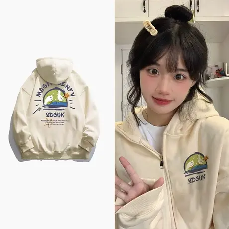 oversize卫衣女2023新款秋冬季小个子高级感连帽加绒加厚开衫外套图片