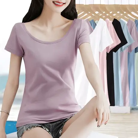 短袖t恤女新款纯棉基础简约风打底衫半袖体恤夏季外穿大圆领上衣图片