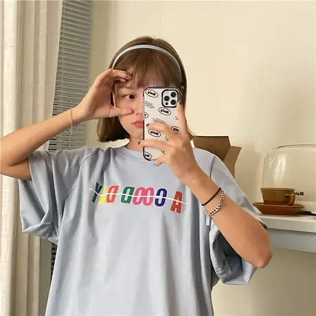 港风盐系少女温柔风2023新款韩版宽松oversize纯棉短袖T恤女上衣图片