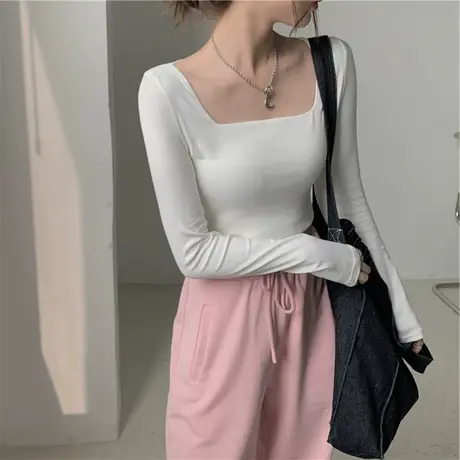 紧身白色方领长袖打底衫女修身新款显瘦T恤秋季辣妹短款露脐上衣图片