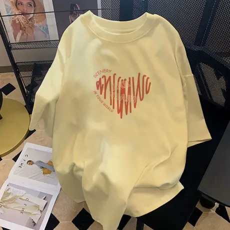 韩系chic情侣t恤女大码纯棉宽松短袖ins潮牌洋气小众米黄上衣夏季商品大图