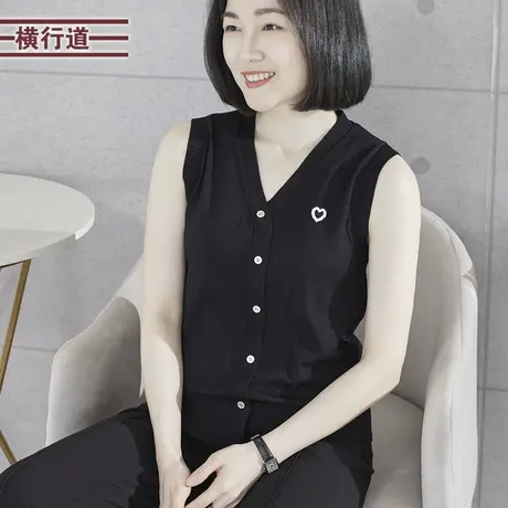 2025夏季新款纯色简约V领爱心针织无袖背心开衫外穿女大码妈妈装商品大图