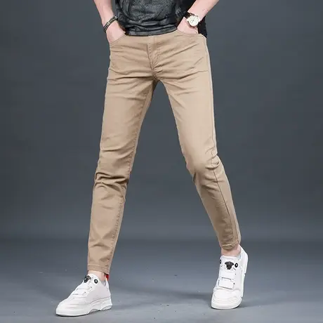 夏季卡其色九分裤男牛仔裤潮牌修身小脚韩版潮流百搭男士9分裤子商品大图