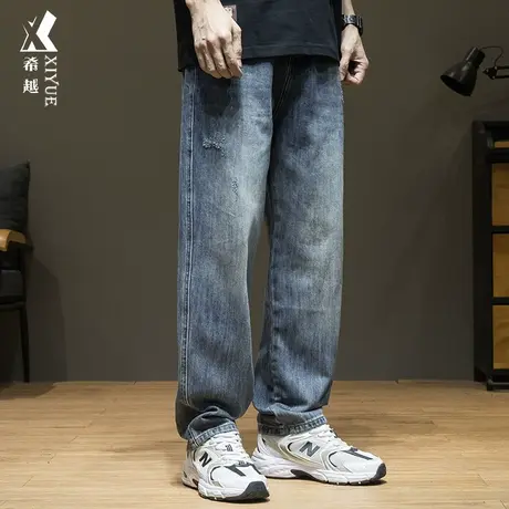 希越美式复古牛仔裤男春秋刮烂设计直筒垂感长裤宽松大码直筒裤子商品大图
