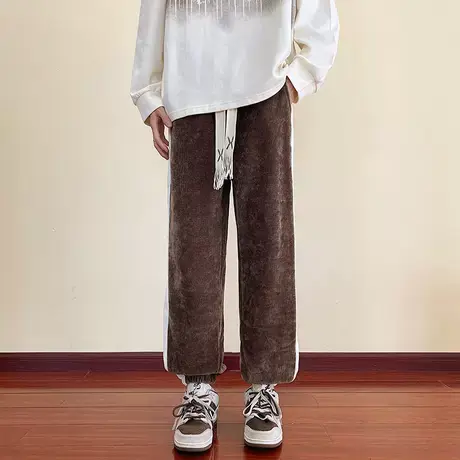 2023秋冬款咖色灯芯绒束脚裤子男款潮牌宽松条绒运动休闲小脚裤男商品大图