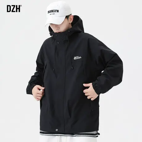 男士户外冲锋衣男外套春秋款男装2023新款防风夹克黑色连帽登山服商品大图