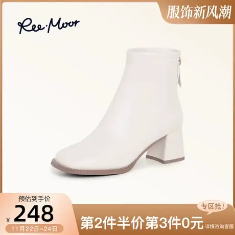 REEMOOR睿慕冬季白色高跟短靴法式小踝靴气质方头粗跟爆款女靴图片