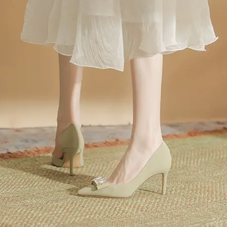 2024夏新款包头细跟女职业鞋不累脚法式中空气质温柔晚晚风高跟鞋图片