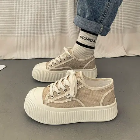 厚底小众帆布鞋女2023春季新款百搭小个子小白鞋休闲系带松糕鞋女图片