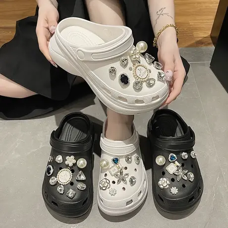 洞洞鞋女凉鞋夏季防滑外穿时尚珍珠水钻增高松糕厚底ins潮凉拖鞋图片