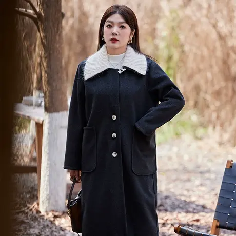 大码女装毛呢外套春冬新款气质翻领呢子加厚长款大衣宽松显瘦胖MM商品大图