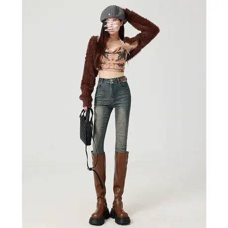 水泥灰高腰加绒牛仔裤女秋冬2023年新款显瘦薄绒紧身铅笔小脚裤子图片