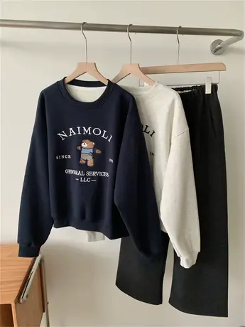 卡通刺绣加绒圆领卫衣外套女冬宽松休闲减龄百搭加厚保暖套头上衣商品大图