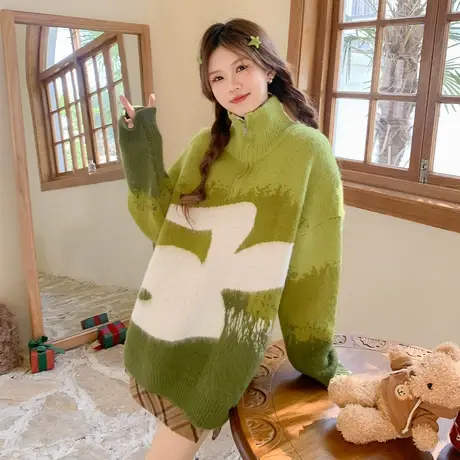 othermix 卡通提花套头毛衣女2024春秋新款宽松慵懒拉链高领上衣图片