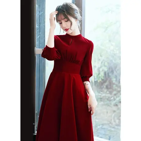 敬酒服新娘酒红色秋冬季长袖结婚便装平时可穿订婚小礼服女连衣裙图片