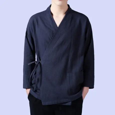 文艺中国风棉麻系带斜襟汉服上衣衬衫茶服老粗布居士服古装演出服图片