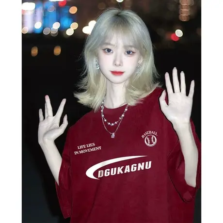 美式复古正肩纯棉短袖t恤女夏半袖潮牌ins慵懒风设计感小众上衣服商品大图