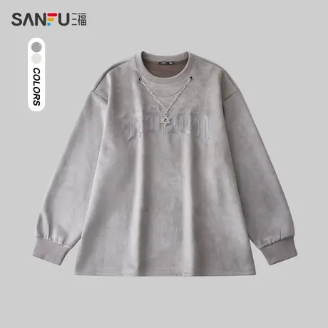 三福2024春季男士美式麂皮绣花长T恤 街头潮流圆领上衣482250商品大图