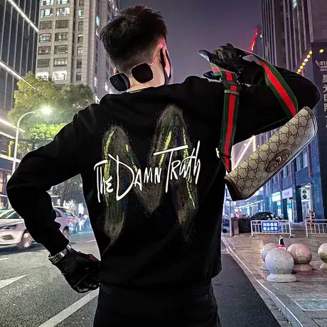 春季新款美式重工刺绣字母卫衣男高级感潮牌长袖圆领潮t宽松上衣商品大图