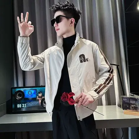 韩版个性外套春秋新款撞色刺绣字母褂子ins潮牌爆款轻熟休闲夹克商品大图