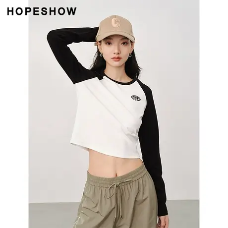 红袖设计感插肩袖撞色套头上衣hopeshow2024春季新款简约打底衫图片