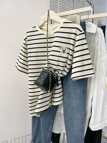 刺绣小熊条纹华夫格短袖t恤女夏季新款宽松设计感小众上衣小个子商品大图