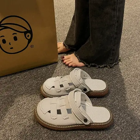 包头拖鞋女2024年夏季新款时尚百搭复古编织小个子厚底两穿凉拖鞋商品大图