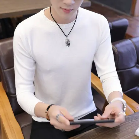 2023秋季男士圆领毛衣韩版潮流长袖针织衫修身纯色套头毛线打底衫商品大图