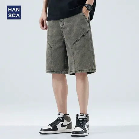 hansca牛仔短裤男潮牌夏季薄款休闲美式工装拼接阔腿直筒五分裤子商品大图