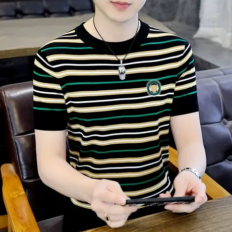 t恤男短袖夏季圆领潮流彩色条纹薄款休闲上衣冰丝速干打底体恤衫图片