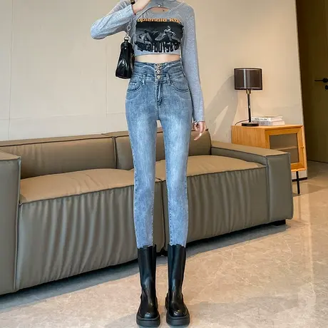 复古紧身牛仔裤女2024年早春新款高腰显瘦提臀收腹铅笔裤小脚裤子商品大图