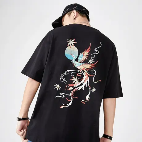 中国风凤凰绣花T恤男纯棉半袖t恤国潮原创宽松百搭圆领上衣短袖图片