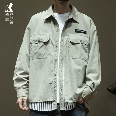 希越美式假两件衬衫男外套2024春秋新款宽松大码休闲男士长袖夹克商品大图