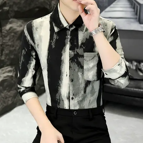 男士休闲高级感长袖衬衫秋季潮牌复古垂感时尚痞帅扎染水墨花衬衣商品大图