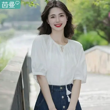 茵曼法式衬衣女士2024年夏季新款纯棉白色圆领系带衬衫五分袖上衣图片