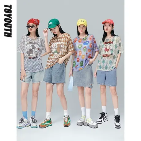 初语2022新款T恤女夏季卡通趣味色彩图案罩衫叠穿夏日遮阳空调衫商品大图