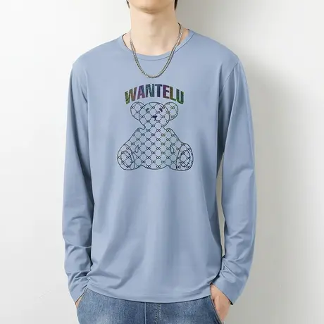 莫代尔长袖t恤男潮牌圆领上衣服潮流小熊印花秋季小衫内搭打底衫商品大图